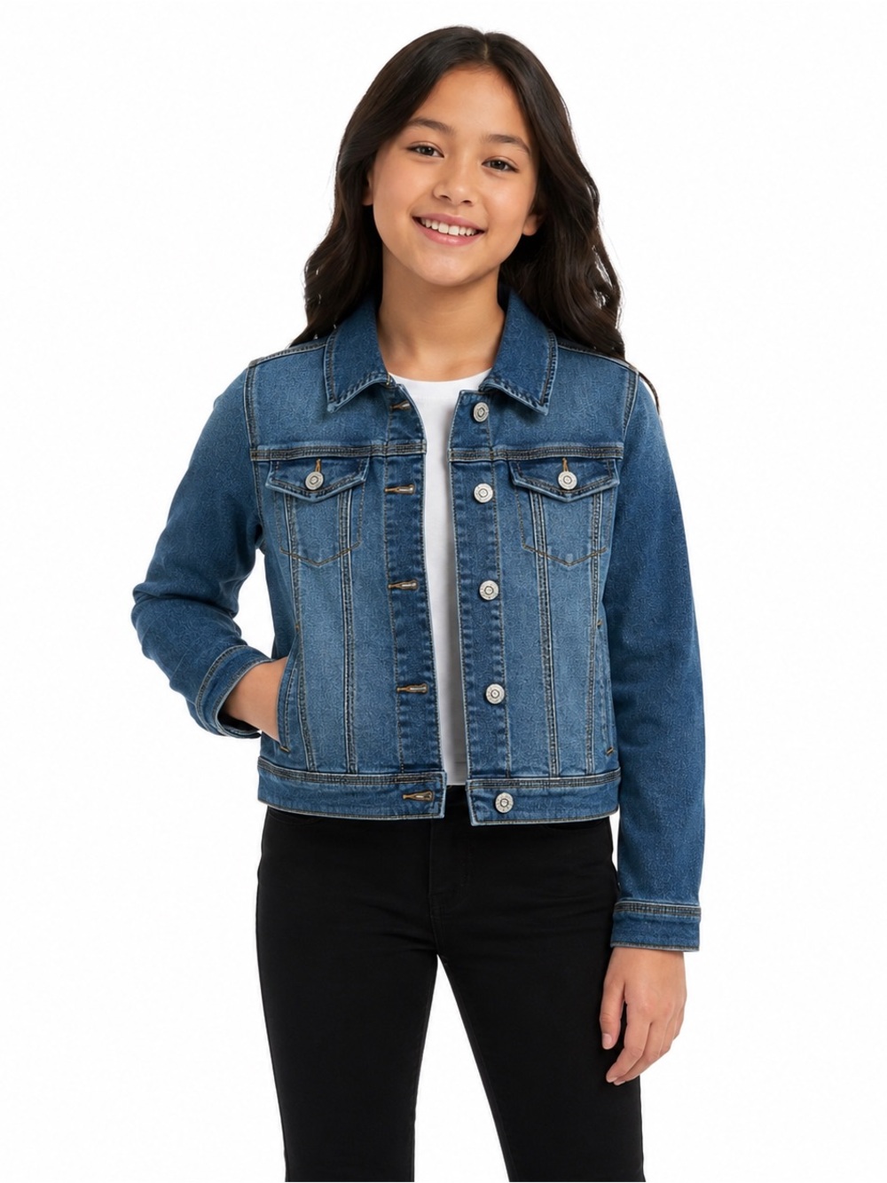 Cat & Jack Girls Denim Jacket Size L 10/12 Blue Stretch Button Front NWT